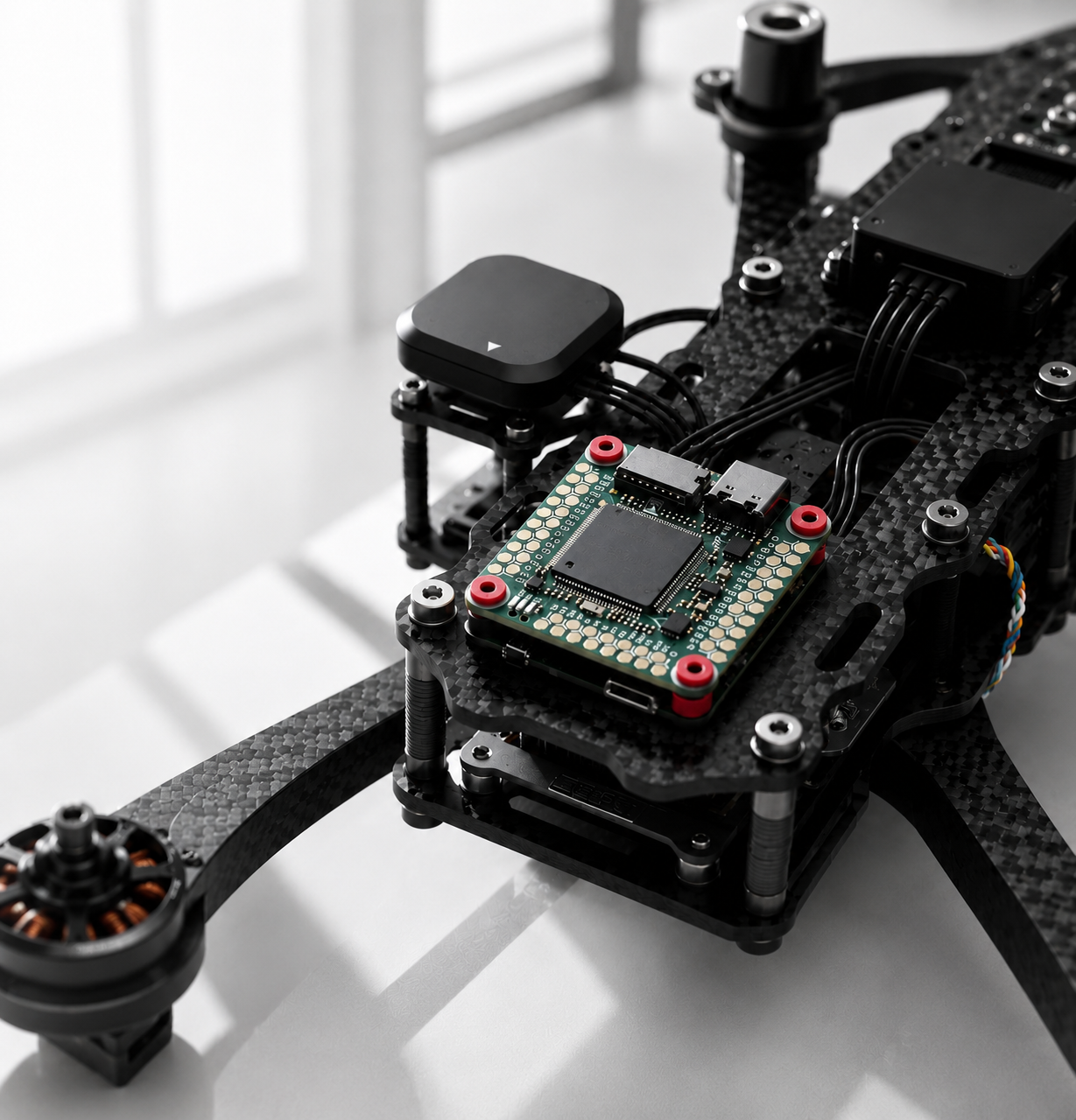 zenirace drone close-up showing the flight controller and electronic components, with the text 'Mission Starts Here' on the left side.