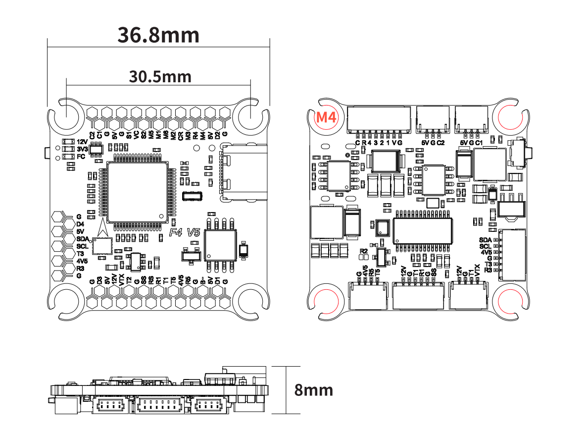 Technical dimension drawing of an electronic circuit board, showing front, top, and side views with measurements labeled 36.8mm, 30.